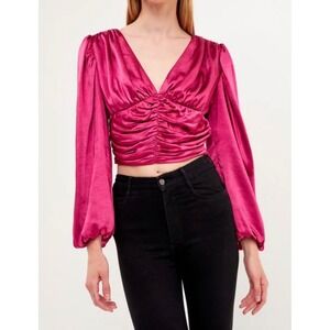 Endless Rose Back Tie Satin Ruched Blouse Berry Pink New m boho whimsi fairy Y2K